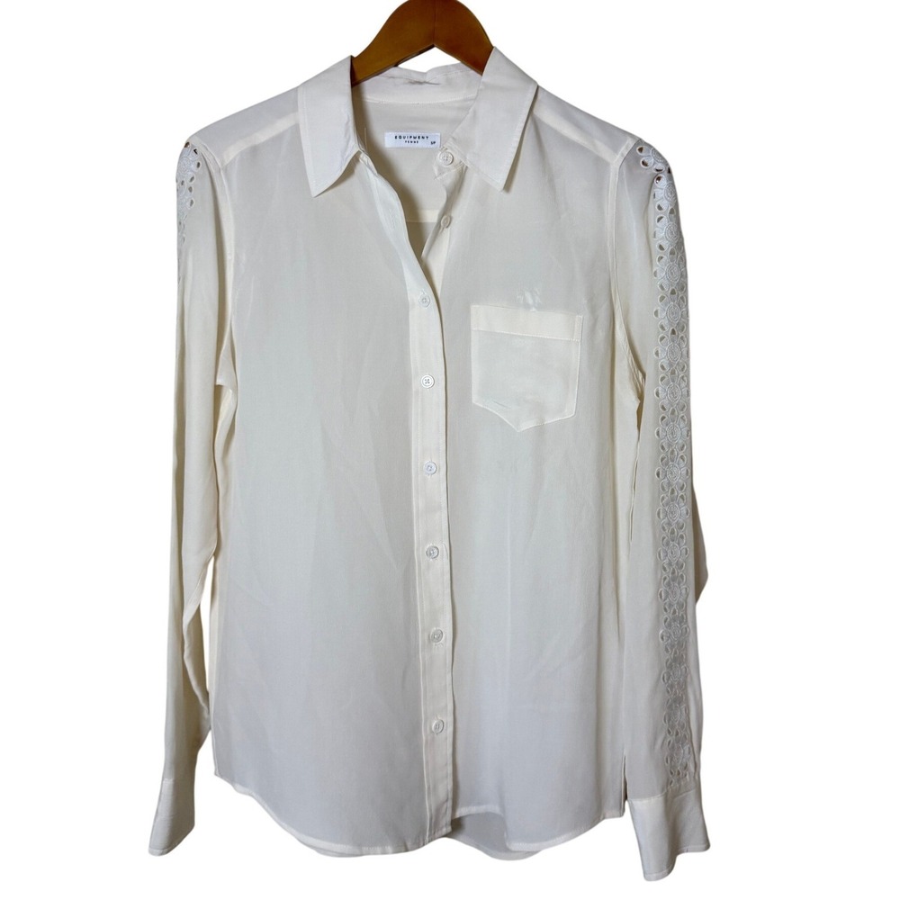 Equipment Femme Women Silk Blouse S Off-White Eyelet Lace Sleeve Quiet Luxury
